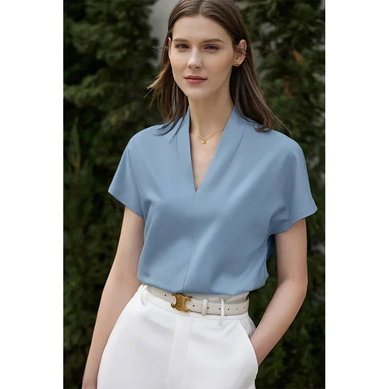 AMII Minimalism 2026 Summer Women's T-shirt Classic Style Casual V-neck Short Sleeve Solid Stretch Female Tops & Tees 12312013