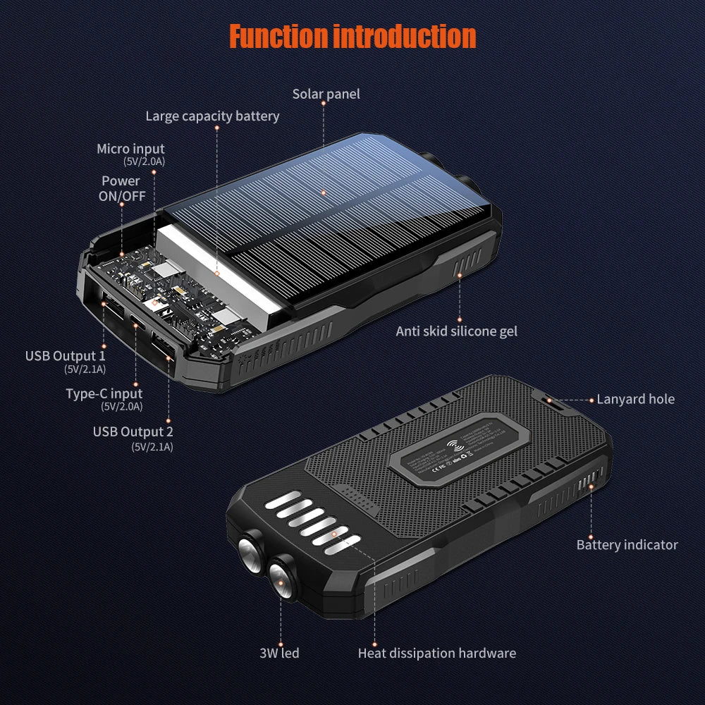 30000mAh Solar Power Bank with Wireless Charger, Dual USB Outputs, Bright LED Flashlight, Waterproof