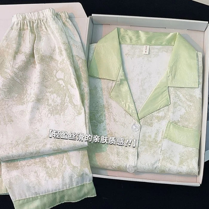 2024 Spring New Lapel Button Cardigan Lounge Sets Womens 2 Piece Ice Silk Pajamas for Women Fashion Printing Sleepwear for Wome