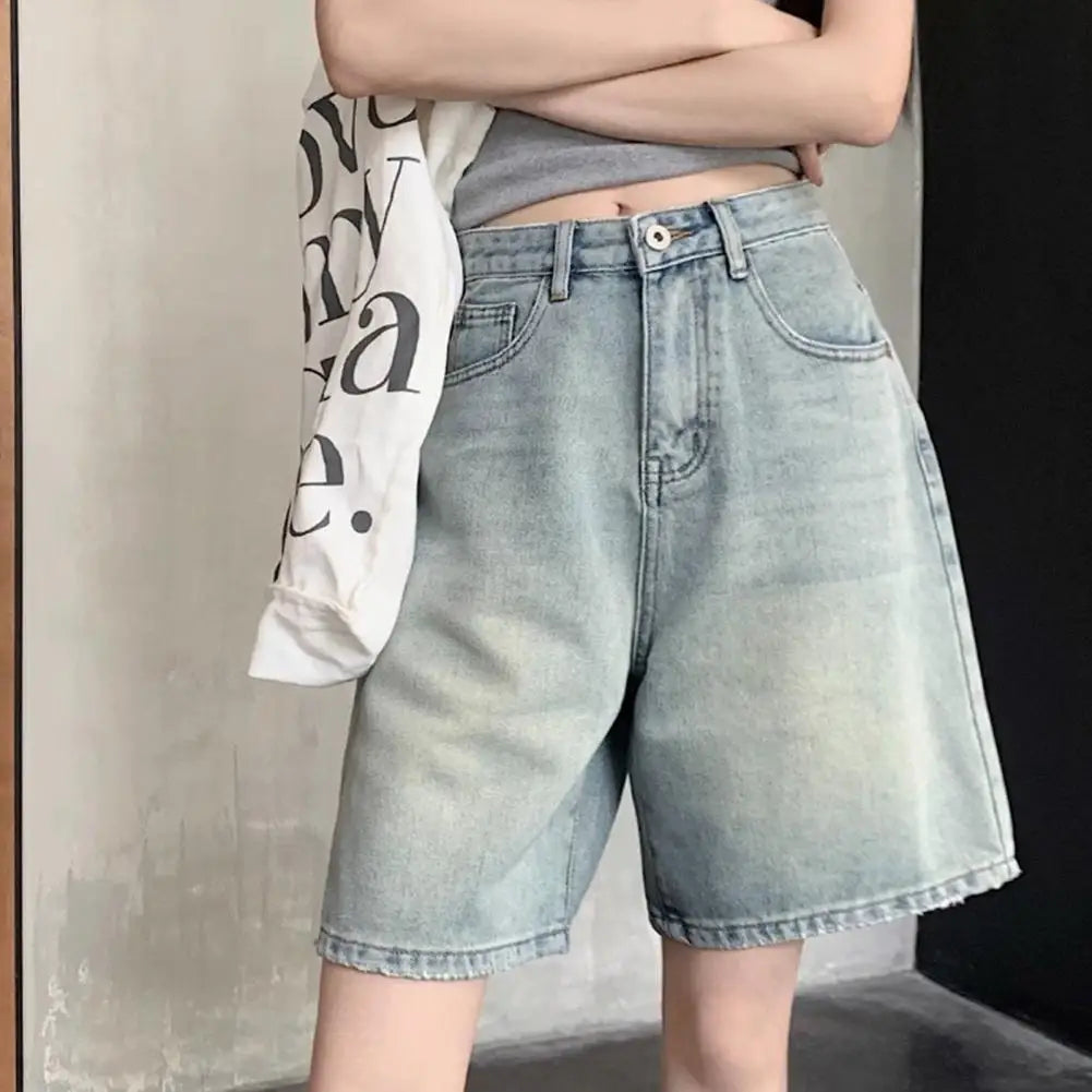 Retro Style Women Denim Shorts High Waist Vintage Washed Straight Wide Leg Button Zipper Knee Length Jeans Shorts Summer