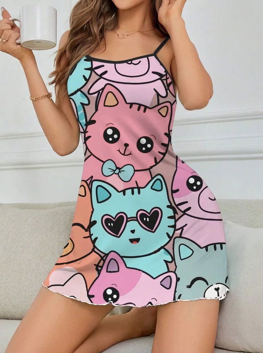 New Summer Nightdress Cute Cat Pattern Light Breathable Fabric Girls Loose Nightdress For Bedroom