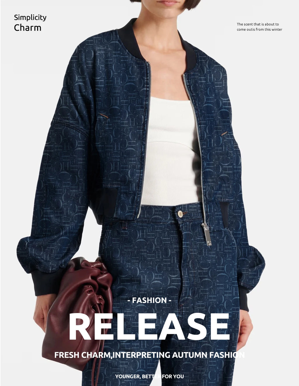 Women Pants Sets Denim Flared Trousers Fashion O Neck Coats Long Sleeve Zipper Casual Female Pants Suits Denim Streetwear Sets
