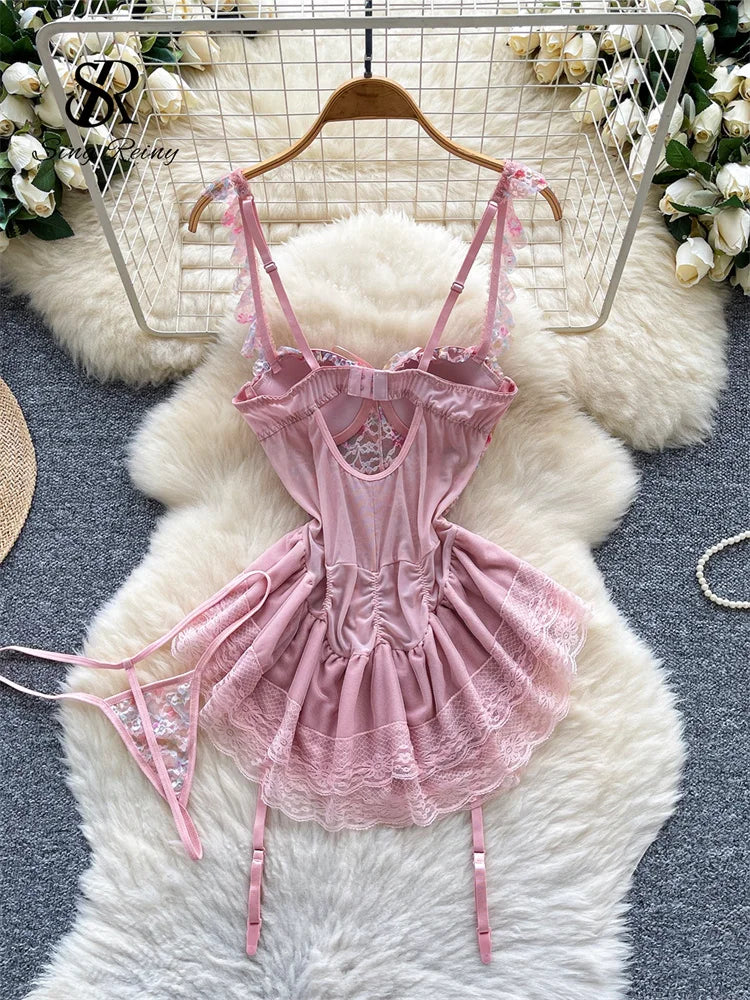 SINGREINY Strap Corset Lingerie Nightdress New Sleeveless Slim Floral Print Mini Nightwear Shapewear Mesh Lace Erotic Mini Dress