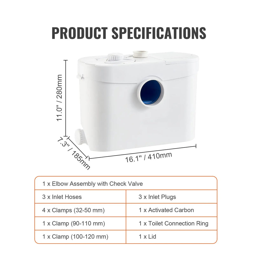 Macerator Pump, 700W, 9600 L/h Flow, 32.8 ft/10 m Head, Macerator Sewerage Sump Pump with 3 Water Inlets for Toilet, Basement, Kitchen, Sink, Shower, Bathtub Waste Water Disposal Upflush Machine