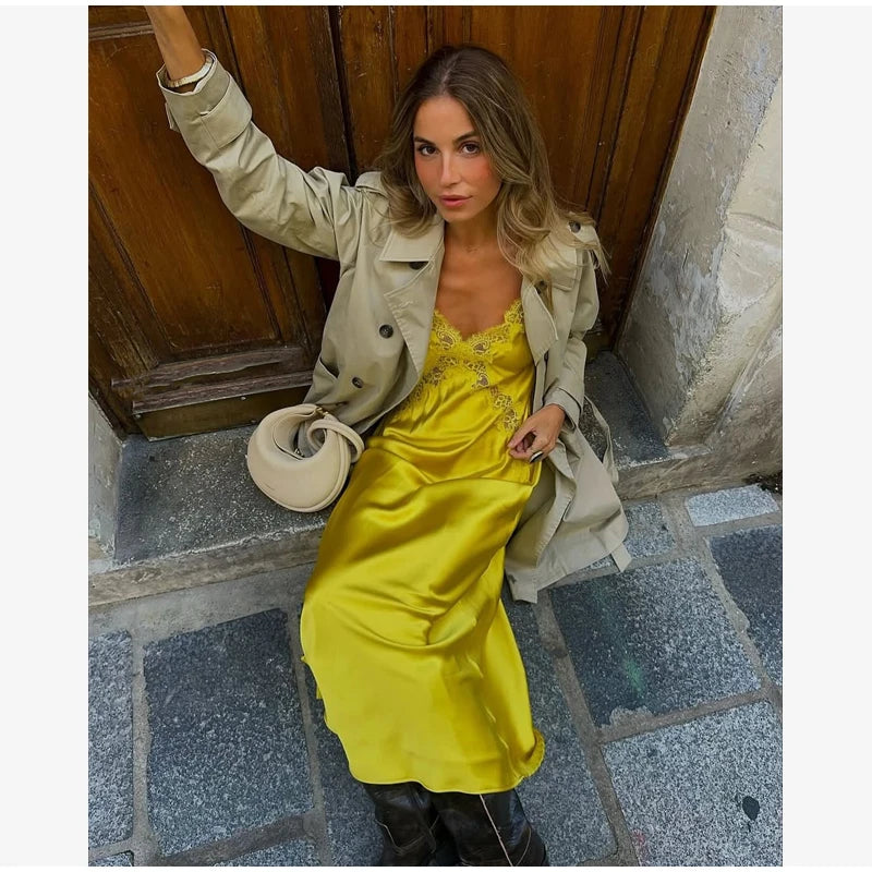Chic Solid Lace Patchwork Satin Dress Fashion Sleeveless Off-shoulder Sling Maxi Dresses Party Daily Outdoor Casual Attire 2026