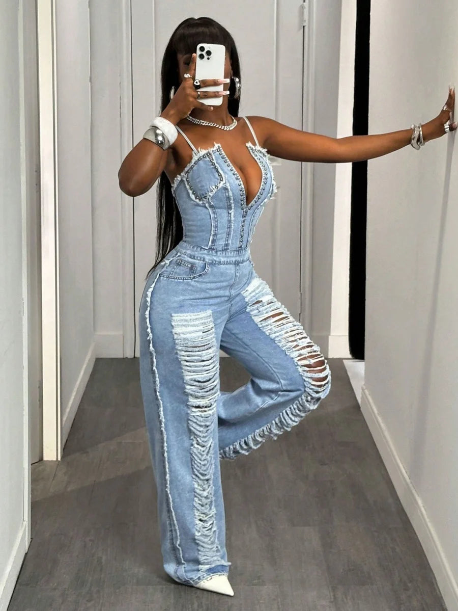 Benuynffy Sexy Spaghetti Strap Denim Jumpsuit Women Streetwear High Waist Backless Zipper Ripped Straight Leg Jeans Jumpsuits
