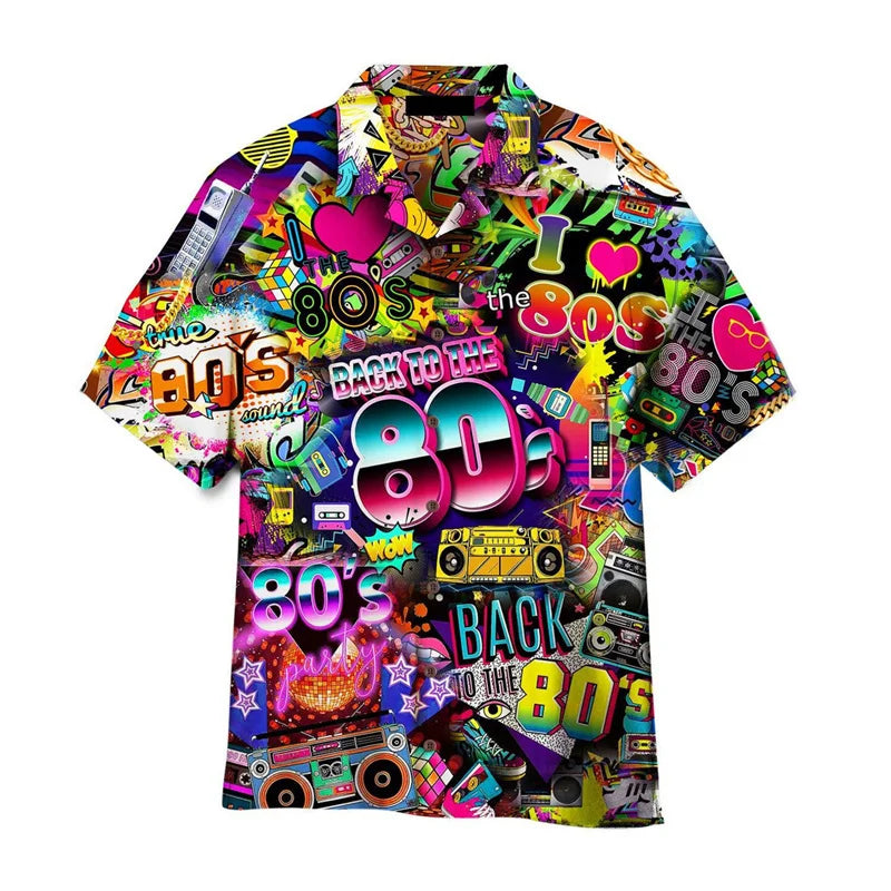 Hawaiian Shirts For Men 3D Printed Colorful Music Cool 80s Patterns Blouse Summer Vacation Short Sleeves Tops Loose Aloha Shirts