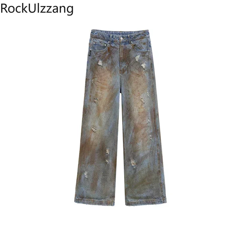Vintage Washed Baggy Jeans Women Y2K Harajuku Streetwear Loose Wide Leg Denim Pants High Waist Retro Distressed Jeans Outfit y2k