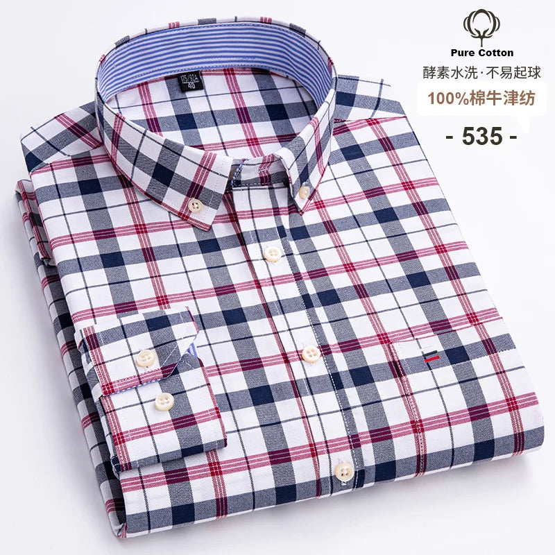 2024 Fashion Men Work Business Brand Shirt Mens Plaid Cotton Casual Dress Shirts Slim Fit Long Sleeve Button Down  Chemise Homme