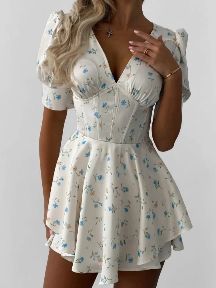Satin Printed Mini Dress Women Elegant V Neck Puff Short Sleeve Waist-cinching A-line Dresses 2026 Summer Lady Party Robes
