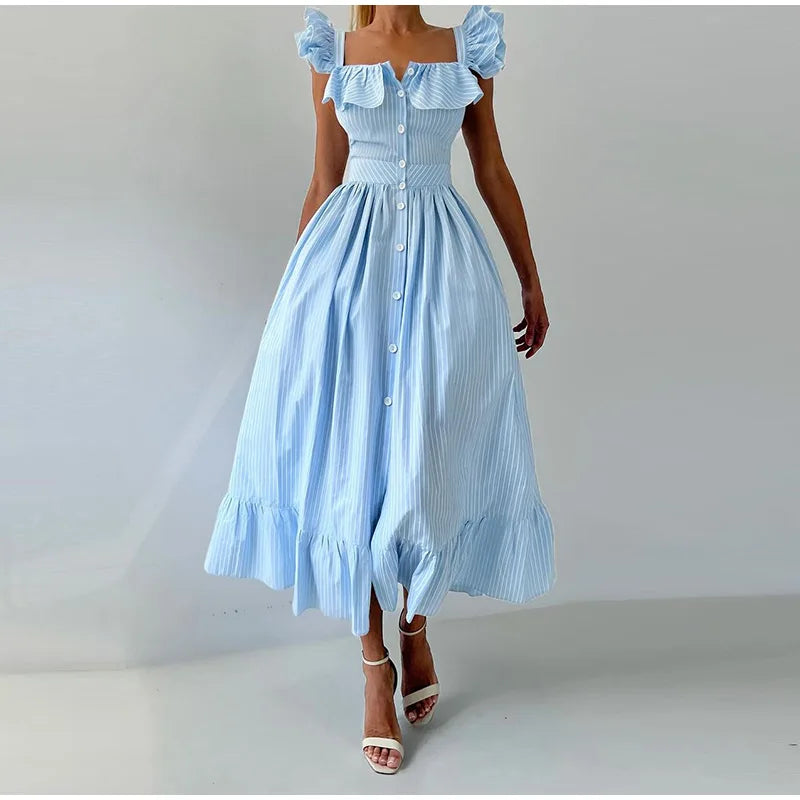 Fashionable Striped Ruffle Pleated Women's Dress Elegant Solid Square Neck Single Button Dresses Female Summer Chic Casual