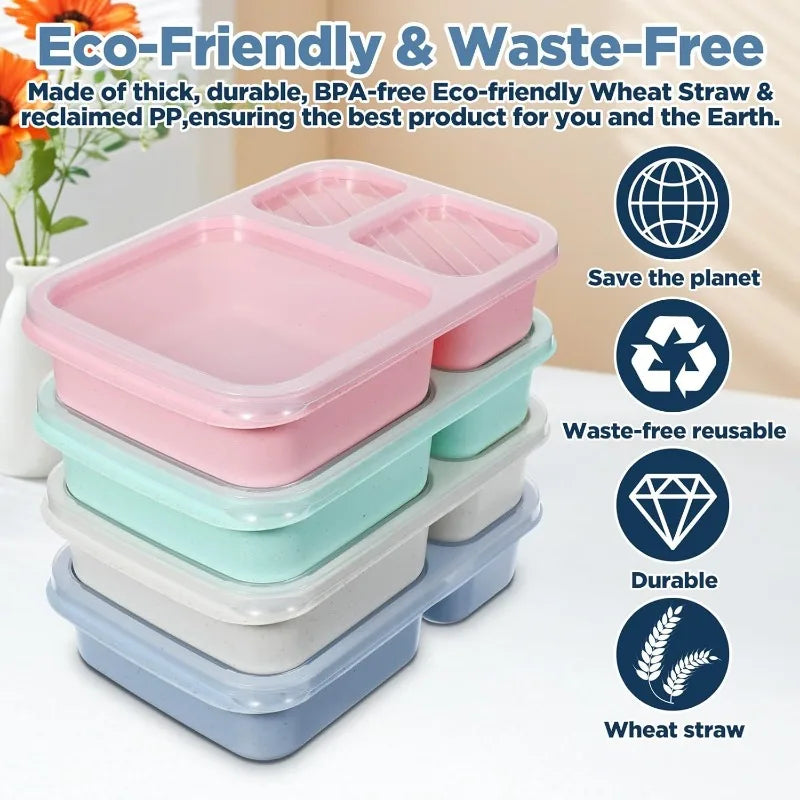 1pcs Lunch Box 3 Compartments Wheat Straw Rice Preparation Lunch Box with Transparent Plastic Cover Food Storage Container