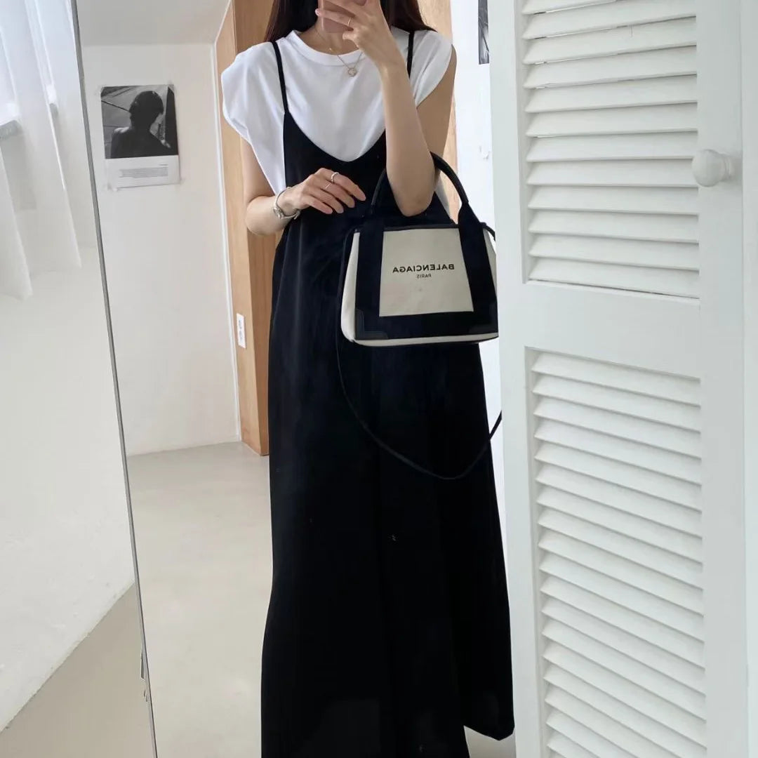 Versatile Loose Fit Slimming Shoulder Strap Pants Casual Pants Jumpsuit 2 Colors Drapey Comfortable Mid-aged Women's Pants