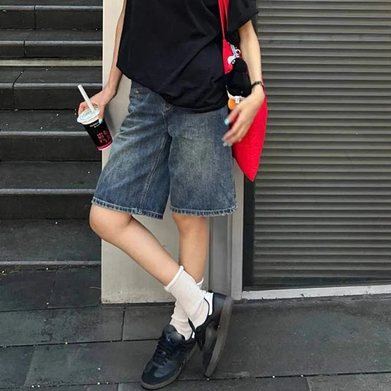 High Waisted Loose Denim Shorts Women Vintage Streetwear Wide Leg Knee-length Jeans Summer Casual Wide Leg Jean Shorts