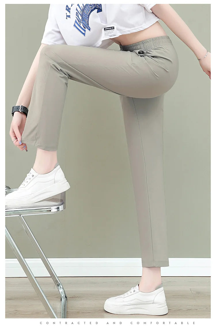 New Women'S Fashion Loose Summer Thin Ice Silk Pants Mom'S Casual High Waist Comfortable Versatile Sports 9-Point Trousers