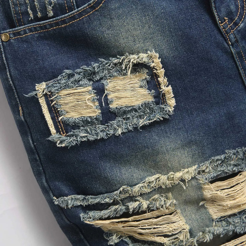 Men's Casual Spring/Summer Denim Shorts - Distressed Denim Shorts with Frayed Edges and Patchwork Details, Fashionable Street-St