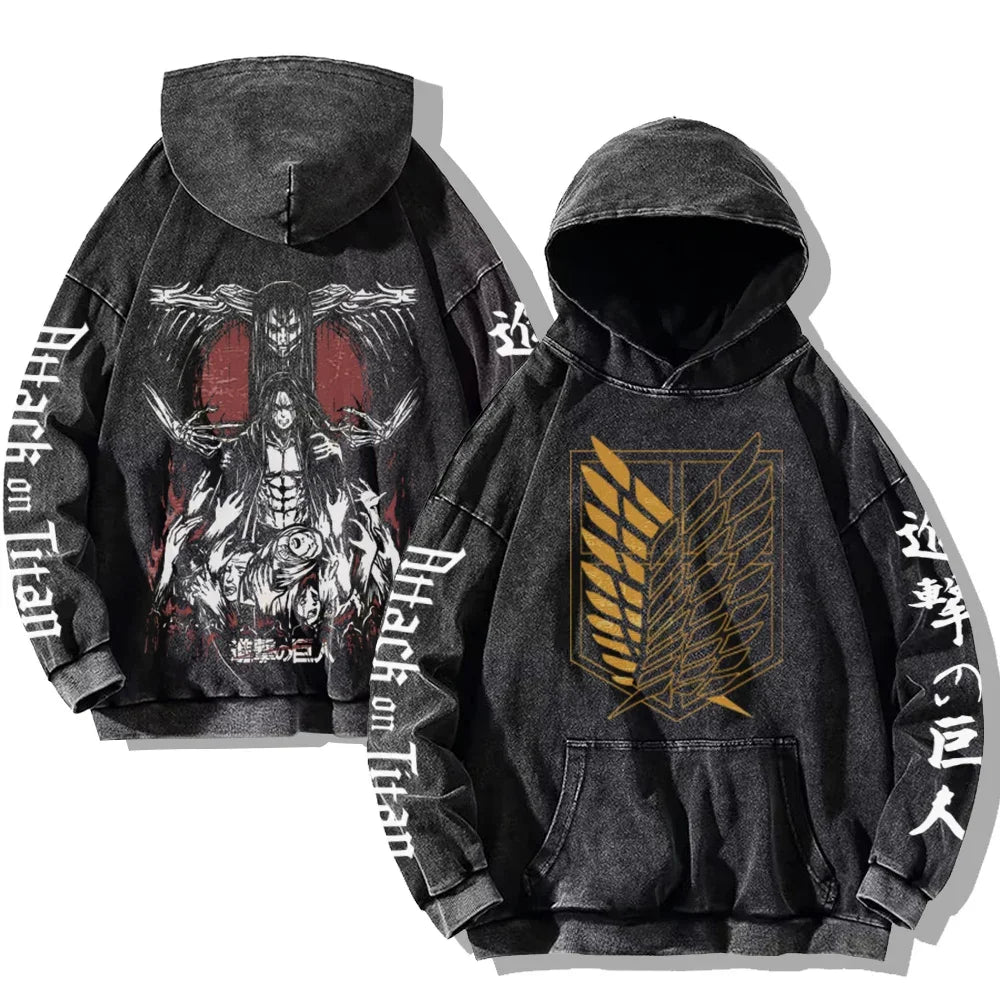 Vintage Washed Men's Hoodies Shield Print Hooded Sweatshirt Hip Hop Streetwear Y2K Hooded Pullover Y2K Loose Casual Tops