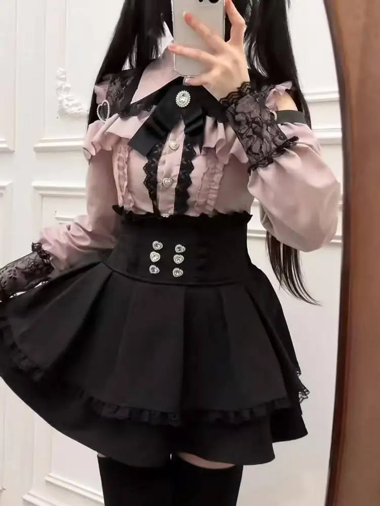 Gothic Lolita Two Piece Set with Bow, Y2K Aesthetic Flare Sleeve Mini Dress, Japanese Punk Style Party Co-ord Outfit