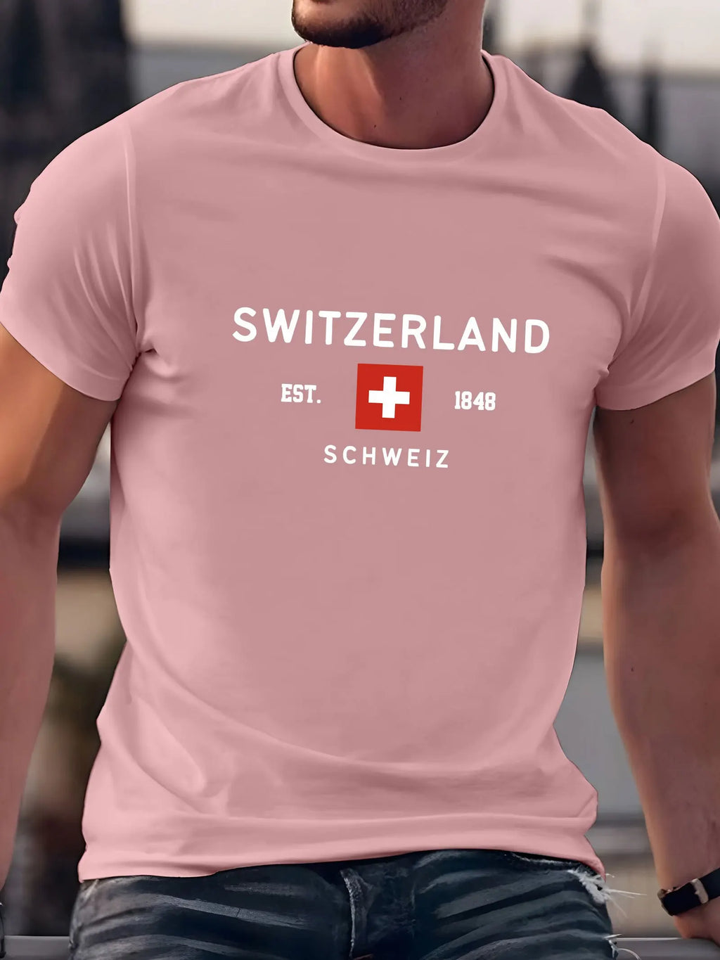 Summer men's 100% pure cotton casual loose plus size Switzerland pattern printed round neck short sleeved T-shirt top