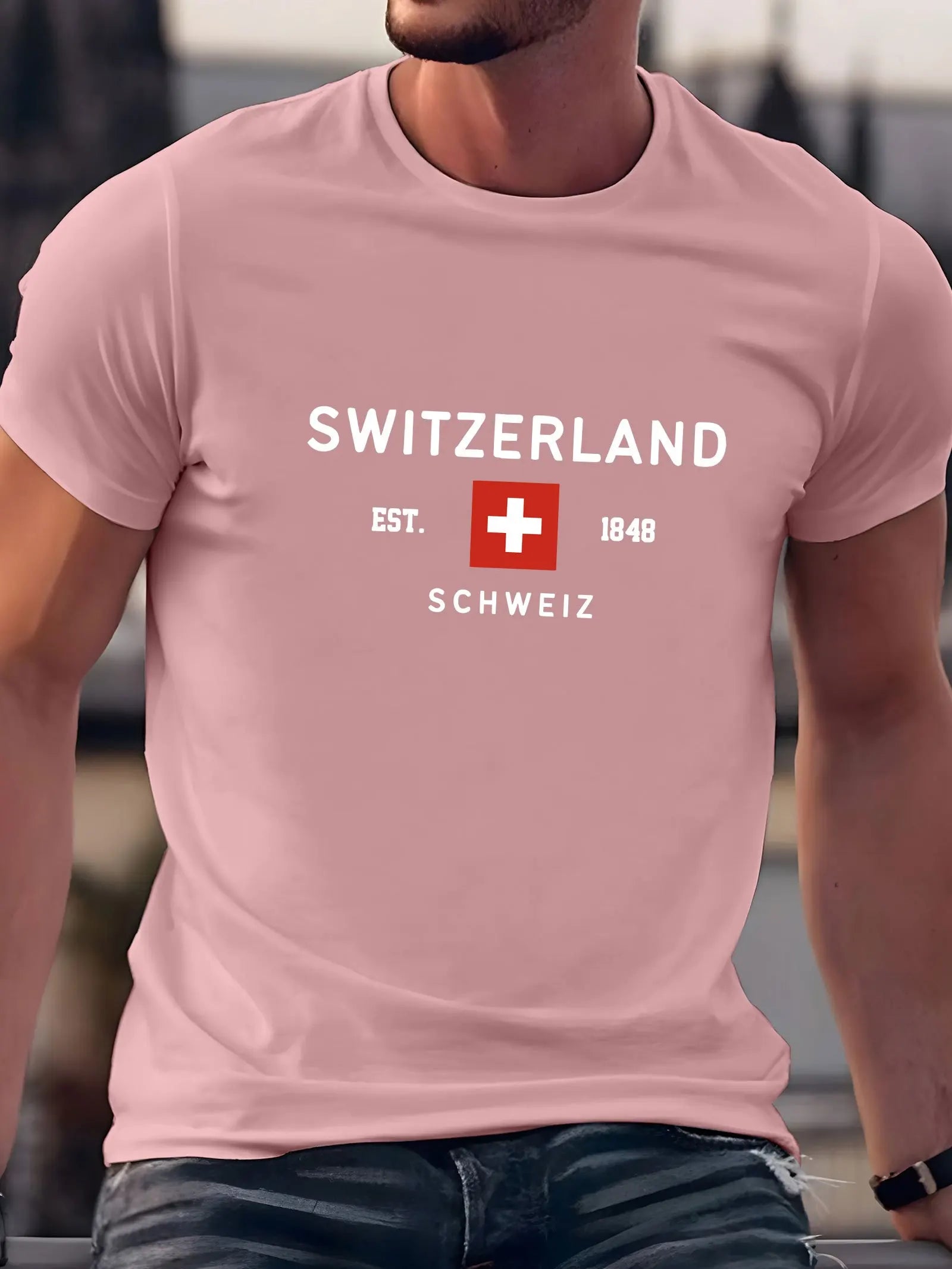 Summer men's 100% pure cotton casual loose plus size Switzerland pattern printed round neck short sleeved T-shirt top