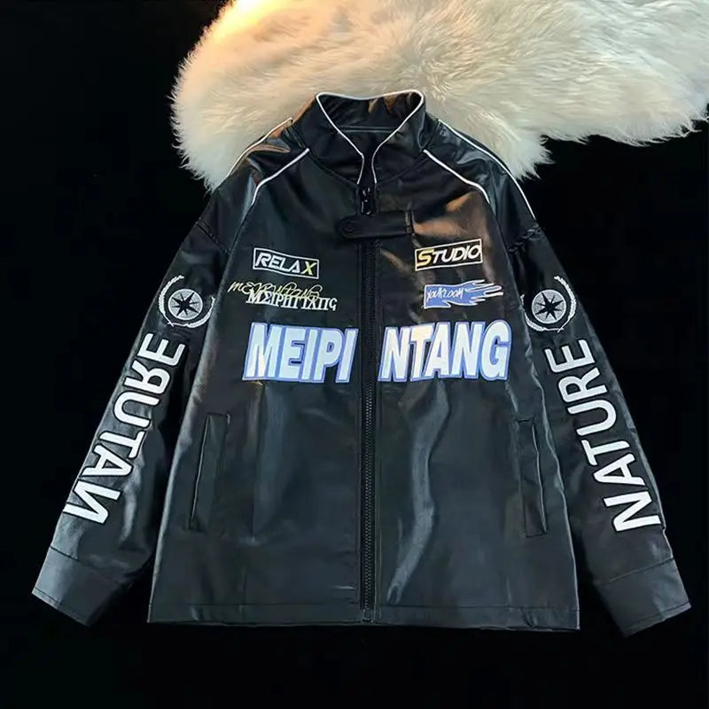 European American Motorcycle Leather Jacket Unisex Embroidered Baseball Jacket Retro Imitation Leather Jacket Coat Streetwear