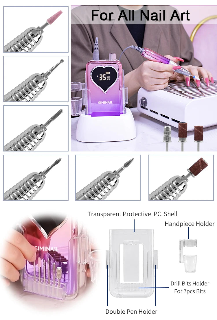 SIMINAIL Professional Nail Drill Machine 35000RPM Portable Electric Nail File Rechargeable Manicure Machine Set Efile Bit Kit