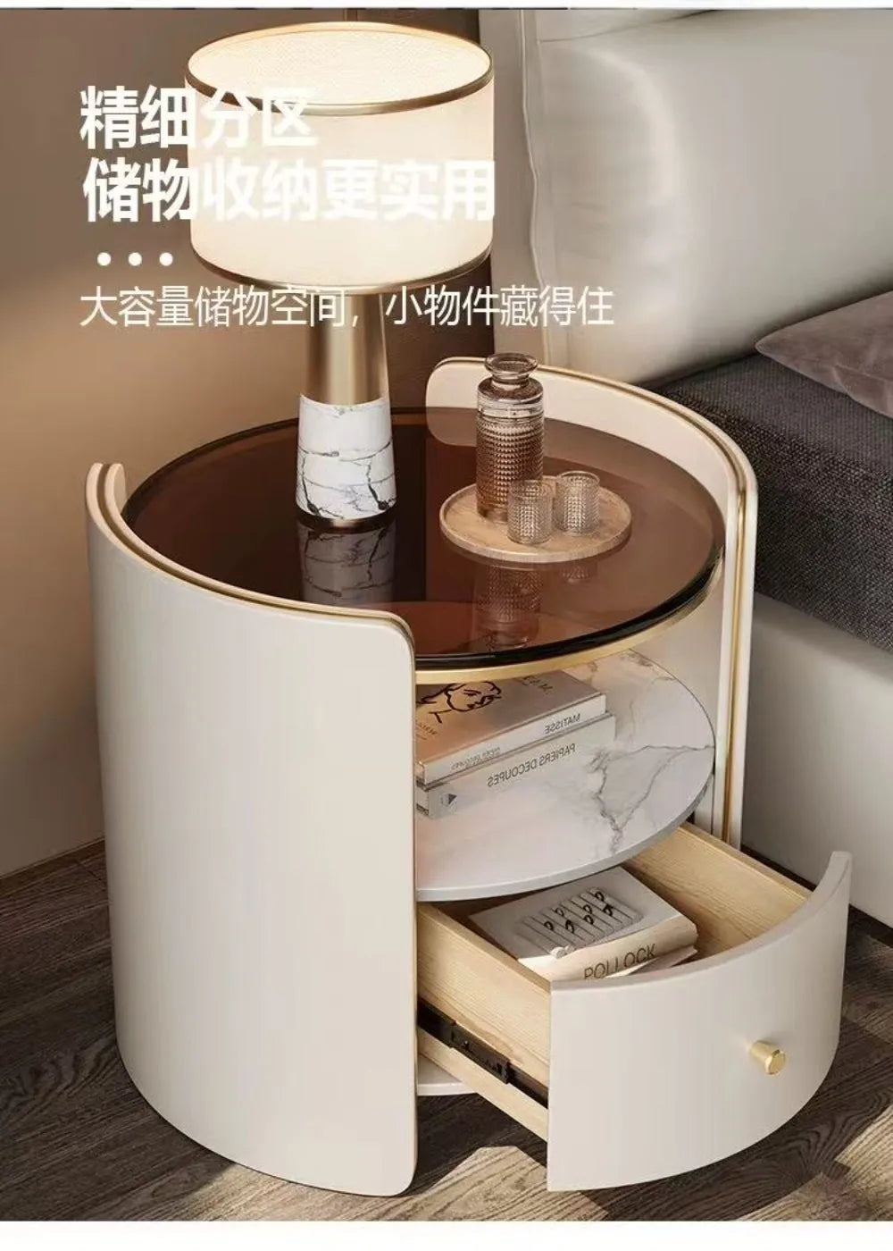 Modern Italian Round Bedside Table: Minimalist Design, Luxury & High-End Storage for Home Bedrooms