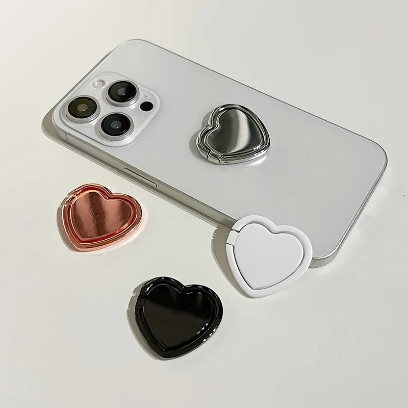 Fashion Universal Plating Gold Silver Black Metal Double Finger Ring Mobile Phone Talk Heart Shape Grip Stand Holder Women Gift