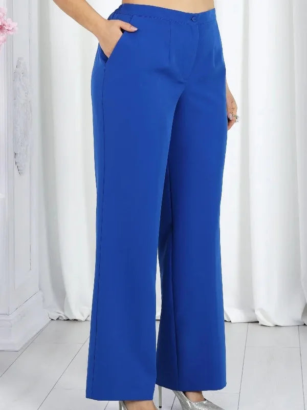 Women's Solid Chiffon Two Piece Sets Spring O-neck Mid-Sleeve Layered Ruffled Edges Long Top & Straight-leg Pants Sets Outfits