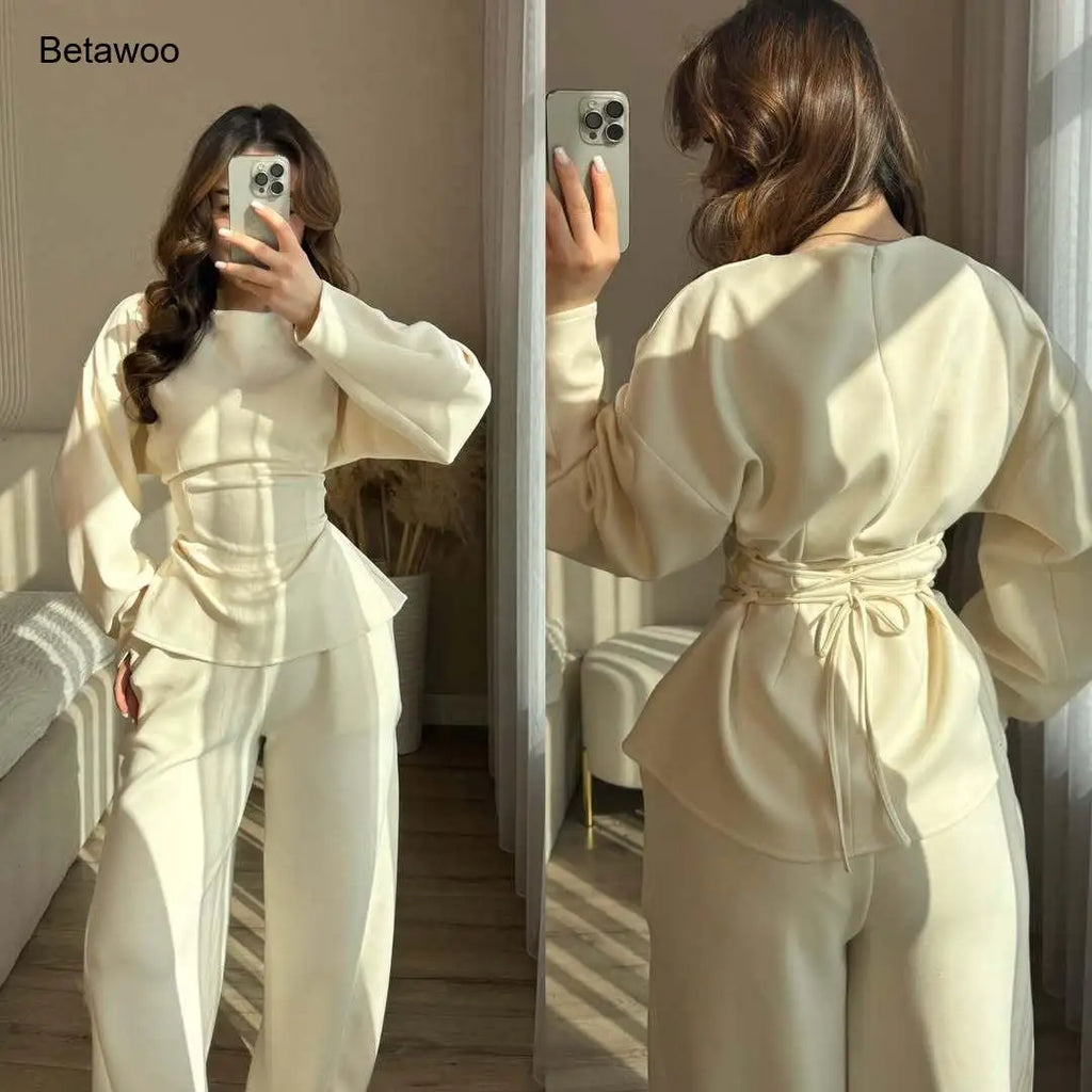 Women's 2 Piece Long Sleeve Top and Wide Leg Pants Set Casual Solid Color Pullover Sweatshirt and Trousers Lounge Wear Outfit