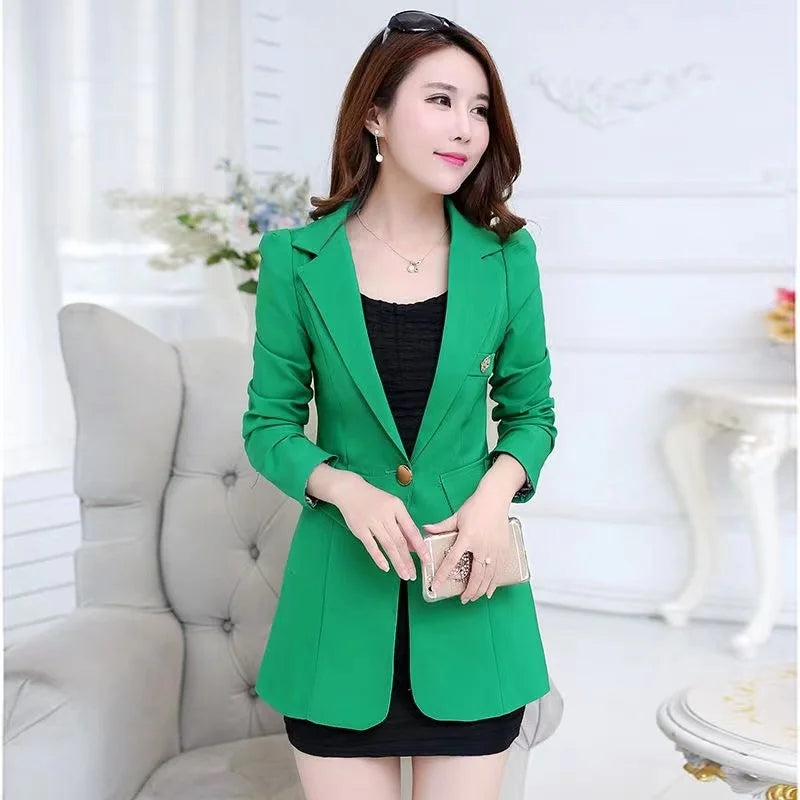 2026 New Spring Autumn Women Blazer Jacket Solid Single Button Mid Long Suit Slim Large Size Ladies Business Office Blazer Coat