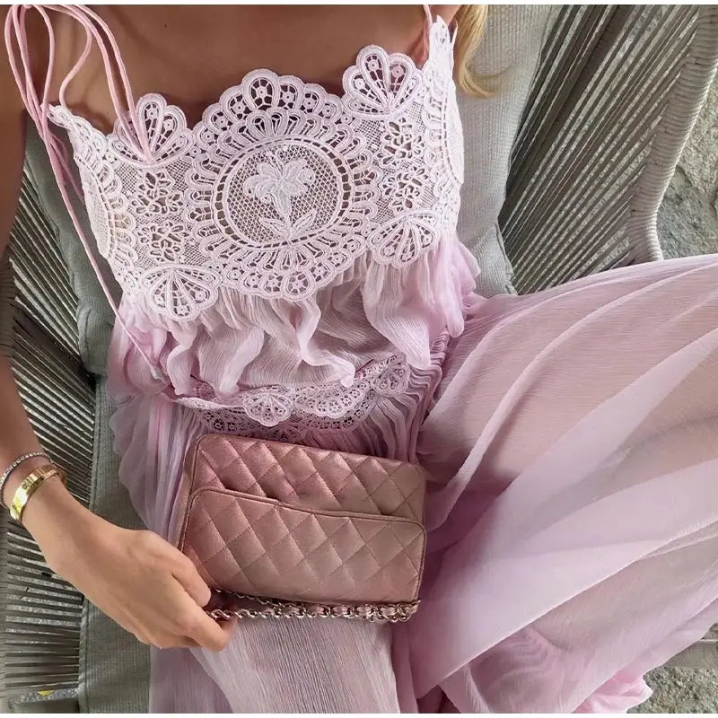 Women Elegant Lace Long Pant Set Square Neck Sheer Ruffle Hem Crop Cami Top High Waist Wide Leg Trousers 2026 Summer Chic Suit