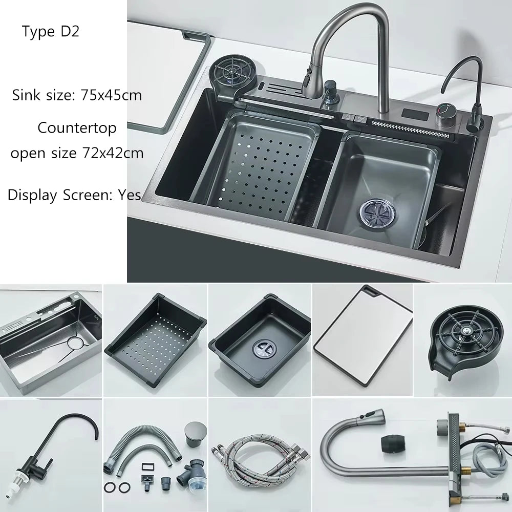 304 Stainless Steel Waterfall Kitchen Sink Large Single Slot Integrated Digital Display Faucet Set Soap Dispenser Cup Washer