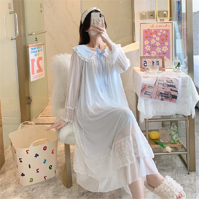 Spring Autumn Palace Gauze Dress Loose Princess Nightgown Women's Long Sleeve Night Shirt Lace Sweet Long Nightdress Home Wear