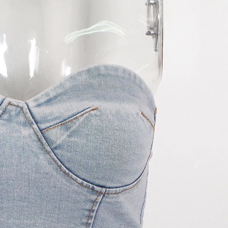 2 Piece Set Women Denim Ensemble Strapless Top Sleeveless Backless Zipper Elastic Waist Jeans Suit Streetwear 2025 Sexy Outfits