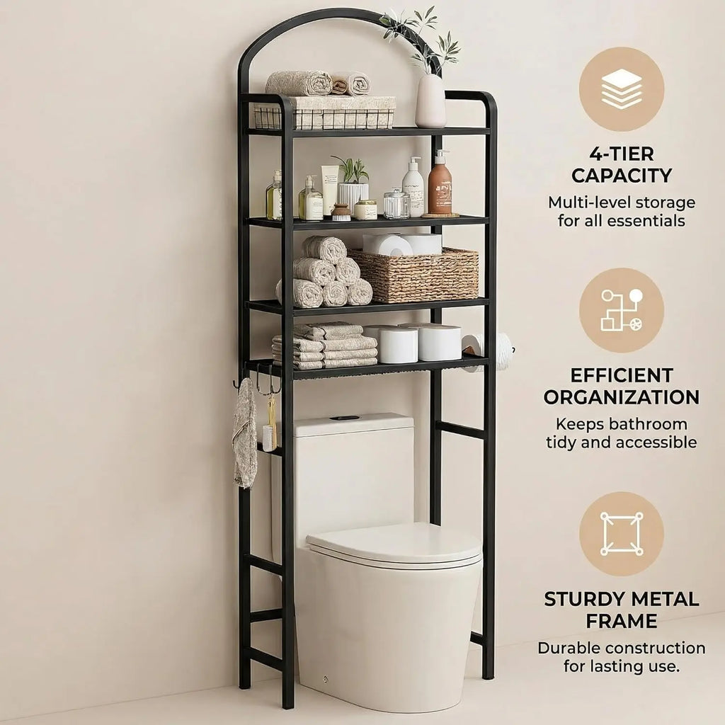72" Over Toilet Storage Rack, 4-Tier Bathroom Organizer with Hooks & Paper Holder, Space-Saving Black Metal Shelf