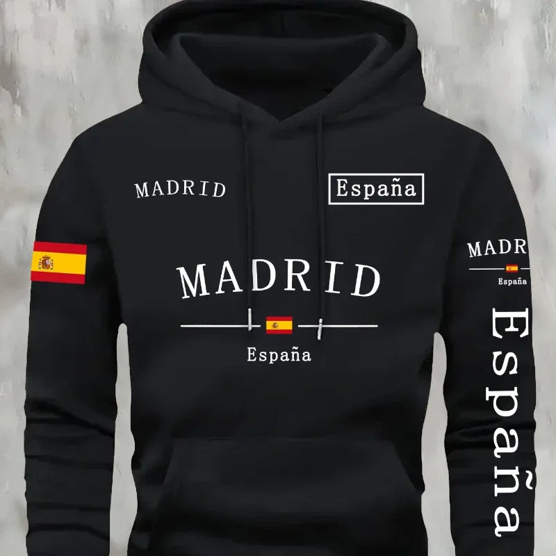 Spanish Flag Madrid Print Men Women Hooded Sweatshirt Autumn Winter Daily Outdoor Vacation Fitness Casual Loose Warm Sportswear
