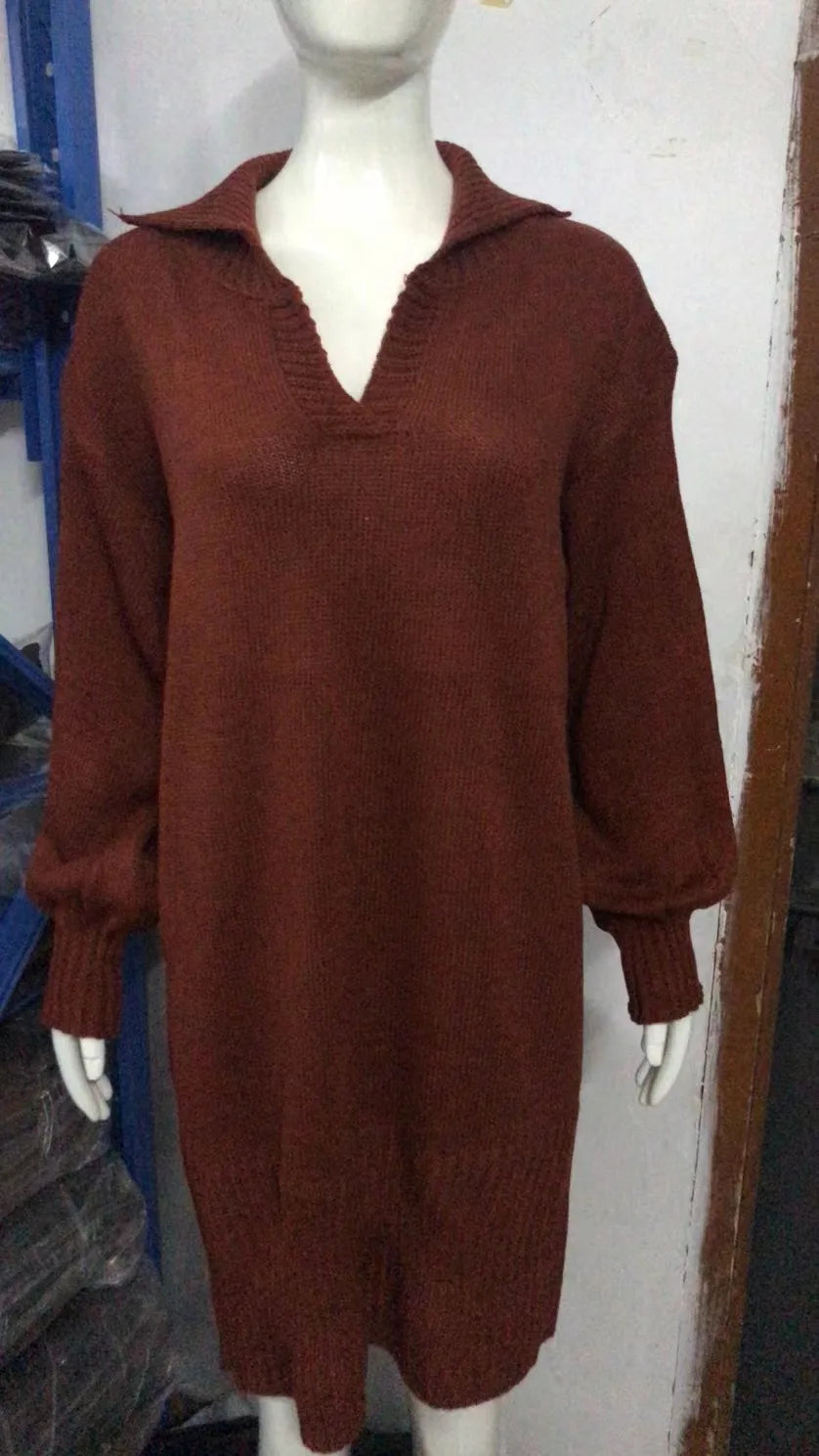 Women's Sweater Mid Length Dresses Fashion Lapel Lantern Sleeve Knit Solid Color Elegant Female Fall Winter Sweater Dress 2024