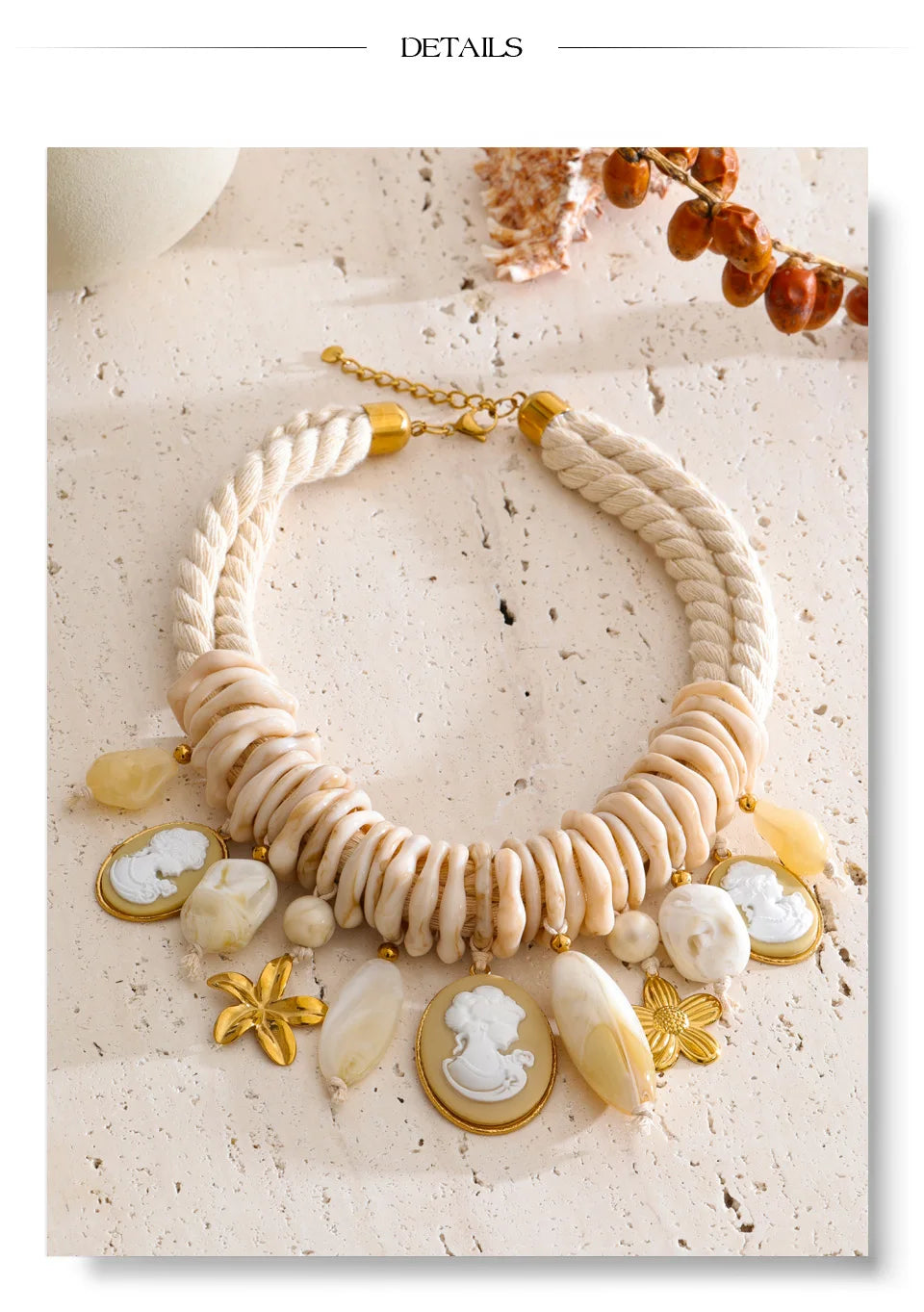 Yhpup 2026 Handmade Jewelry Rope Braided Resin Chain Portrait Flower Drop Charm Statement Necklace Exclusive Accessories