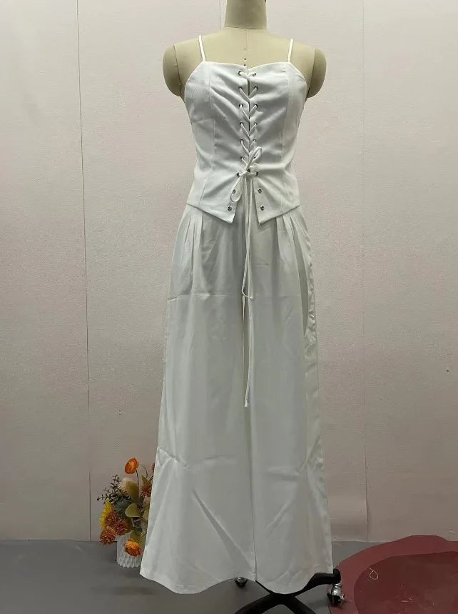 Summer Leisure High Street Outfit Office Lady Solid Color Slim Two Piece Set Chic Sleeveless Bandage Tank Tops&Pocket Pants Suit
