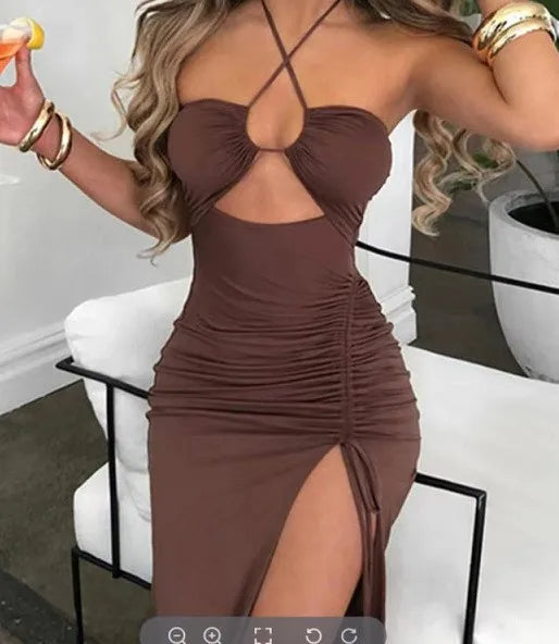 Women's Elegant Party Summer Sleeveless Halter Neck High Waist Pencil Dress Long Backless Cross Strap with High Slit Bodycon
