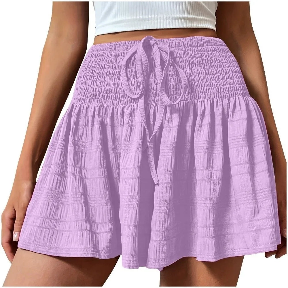 Casual Drawstring Women's Short Loose High Waisted Sports Shorts Skirt Pleated Lace Up Pajama Pants Summer