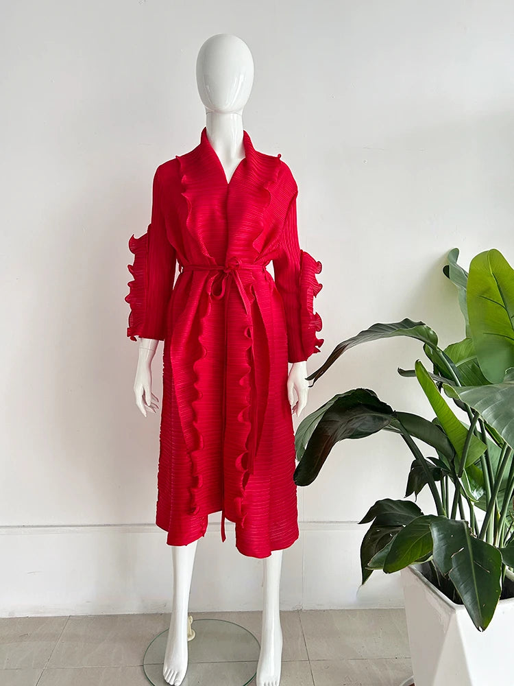 2024 Miyake Ruffled Early Spring and Autumn New Long Sleeve Ruffled High Elastic Dress V-neck Long Sleeve Women's Dress
