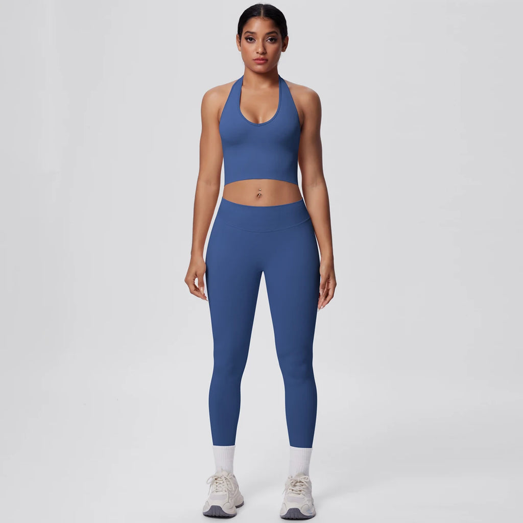 Rooftrellen 2PCS/set Women Gym Sports Yoga Set Breathable Shockproof Workout Top Backless Bra Push Up Fitness Pants Yoga Set