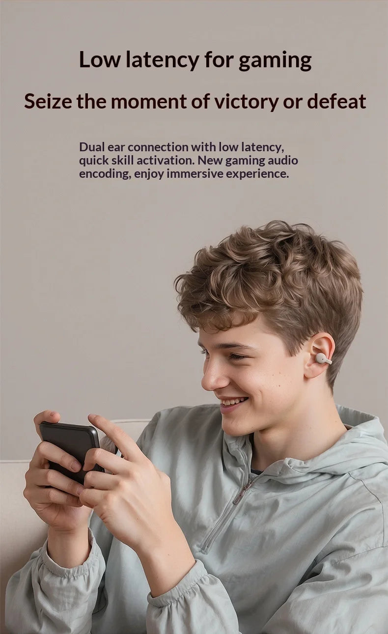 Noise Canceling Clip-On Bluetooth 5.3 Wireless Earbuds HD Microphone Stereo Sound Portable Headphones for Sports Gaming With Mic