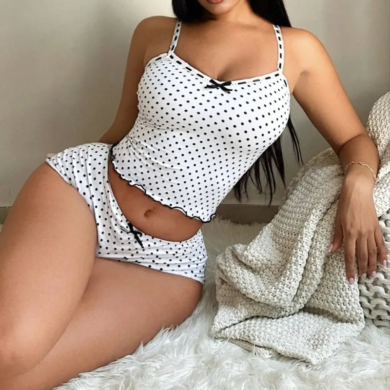 Women's Cute Dot Pajamas Set Summer Thin Sexy Tank Top And Shorts Sleepwear 2 Piece Set Female Casual Slim Elastic Home Wear