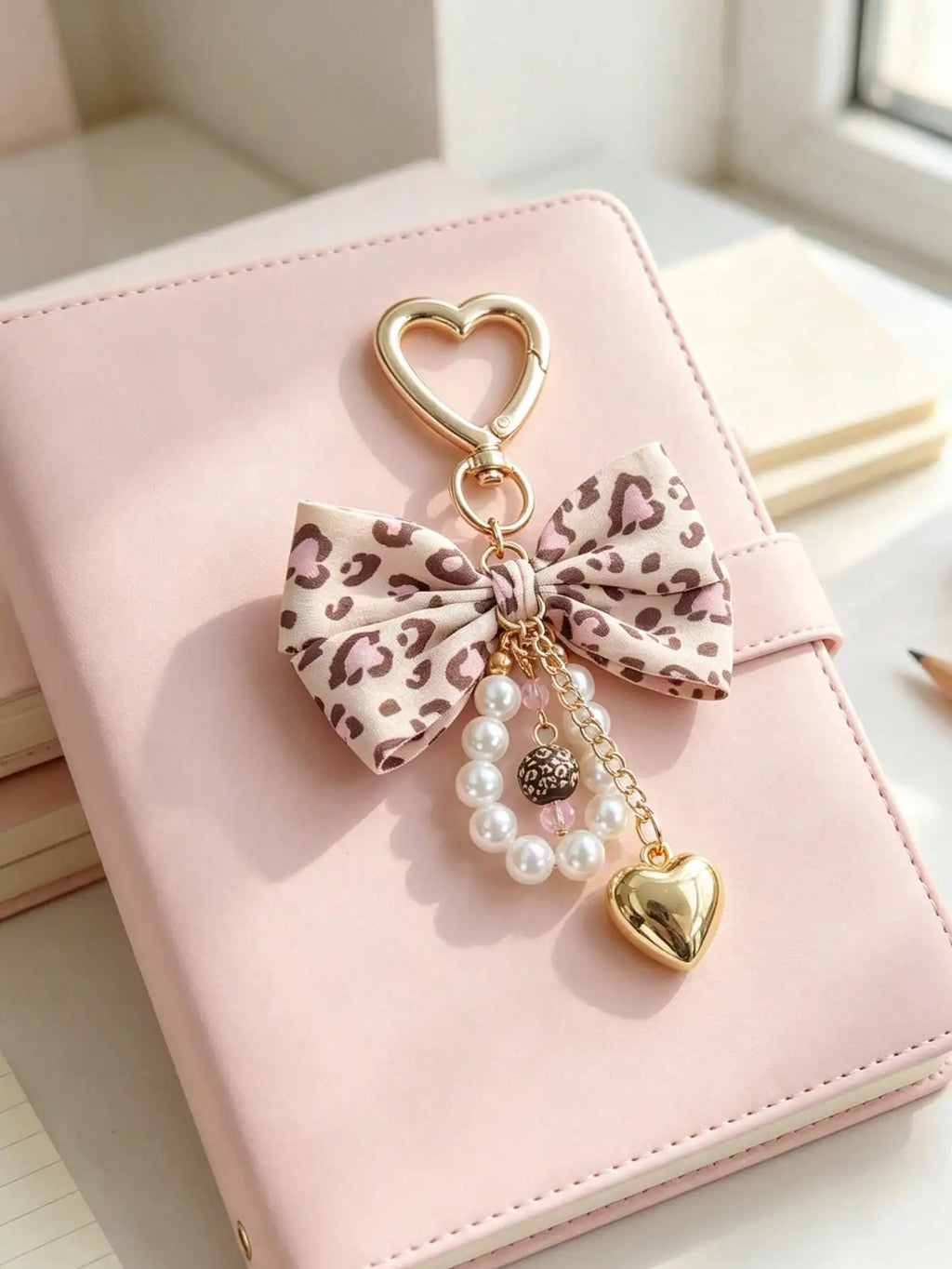 Leopard Print Bow Keychain Heart Pendant Women's Bag Simple Charm Pearl Keychain Beaded Charm Gift For Women