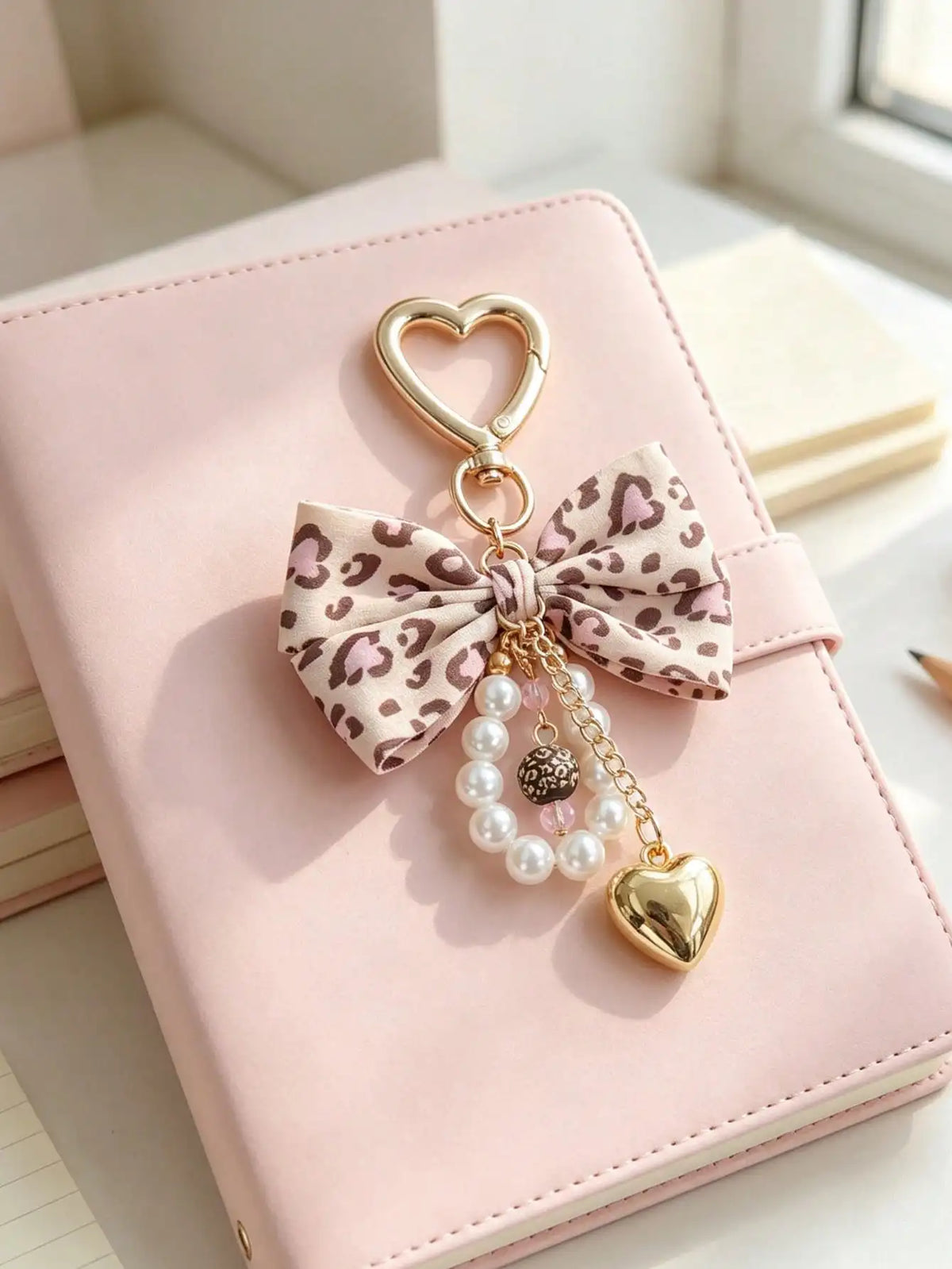 Leopard Print Bow Keychain Heart Pendant Women's Bag Simple Charm Pearl Keychain Beaded Charm Gift For Women