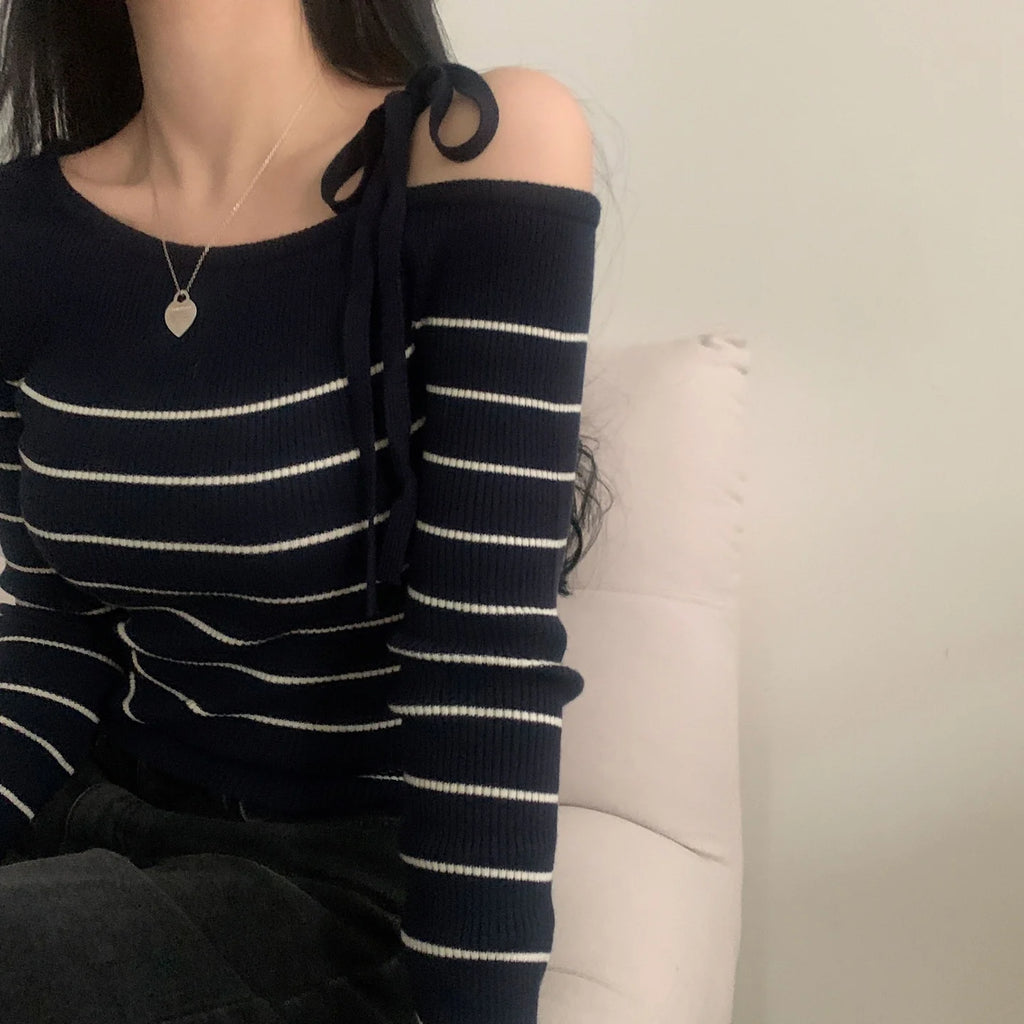 2026 New Women's Elegant Off-Shoulder Sweater T-Shirt Black White Striped with Adjustable Lace-Up Fall Winter Casual Chic Top