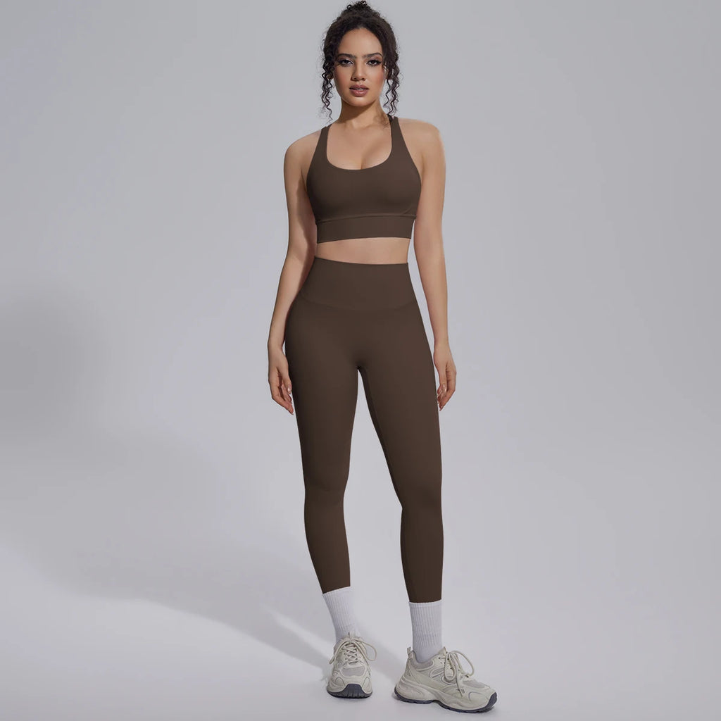 New Yoga Set for Woman Summer Gym Sports Running Bra Top Breathable Peach Buttocks Women Leggings Solid Color Yoga Set